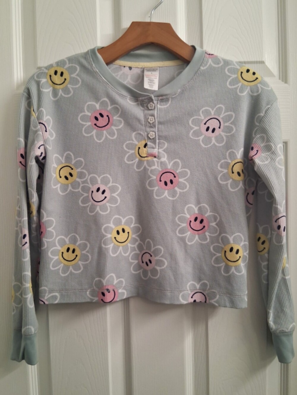 Kidtopia Thermal Smiley Face Flower Cropped Long Sleeve Sleep Shirt Large